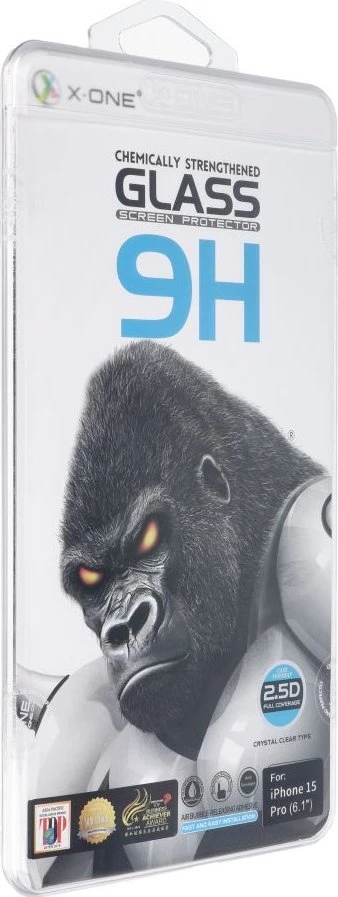 X-ONE Full Cover Extra Strong Crystal Clear – skirtas iPhone 15 Pro grūdintam stiklui 9H
