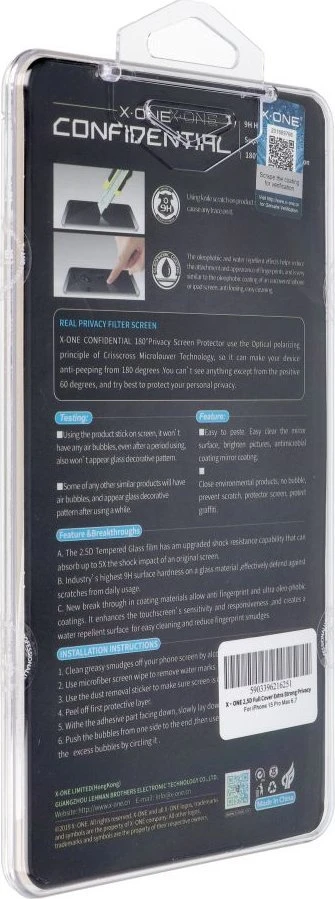 X-ONE Full Cover Extra Strong Privacy – skirtas iPhone 15 Pro Max (visi klijai) grūdintas stiklas 9H