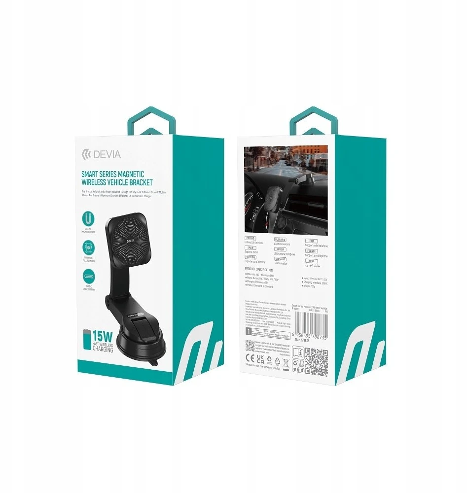 Devia automobilinis laikiklis magnetic EA473 with wireless inductive charger juodos spalvos 15W with suction cup