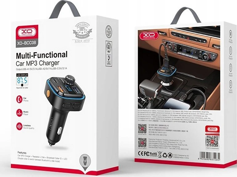 Automobilinis įkroviklis / FM siųstuvas XO BCC08 USB x2, USB-C, MP3, Bluetooth 5.0 (juodas)