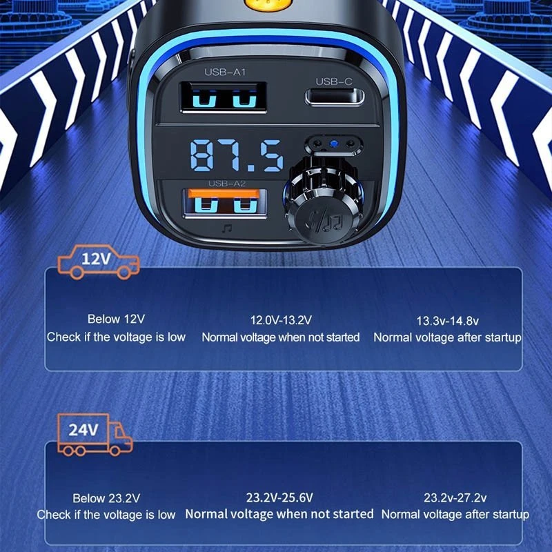 Automobilinis įkroviklis / FM siųstuvas XO BCC08 USB x2, USB-C, MP3, Bluetooth 5.0 (juodas)