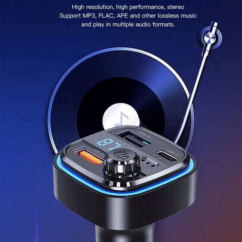Automobilinis įkroviklis / FM siųstuvas XO BCC08 USB x2, USB-C, MP3, Bluetooth 5.0 (juodas)