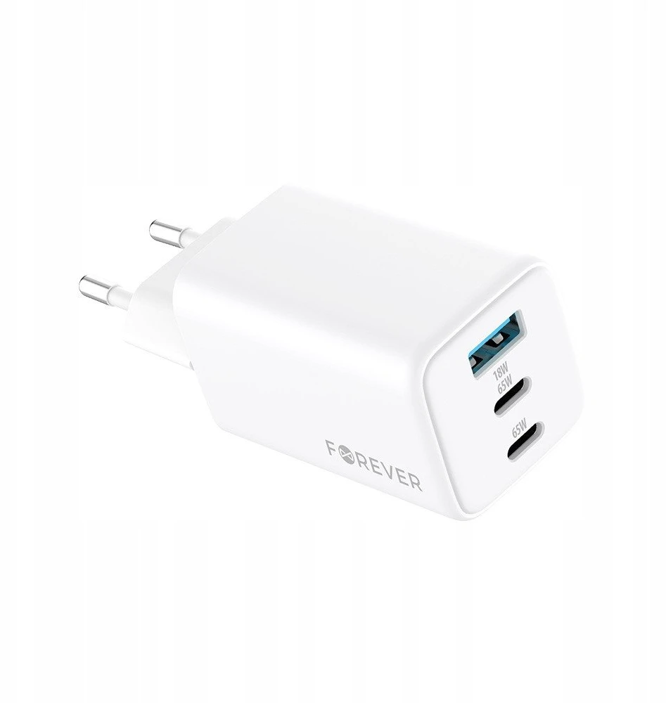 Forever TC-08-65ACC GaN PD QC įkroviklis 2x USB-C 1x USB 65W baltas