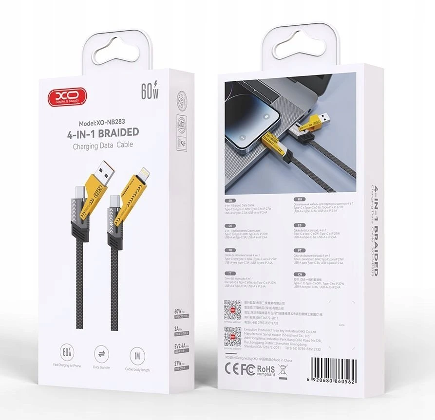 XO kabelis NB276 4w1 USB-C - Lightning + USB - USB-C 60W 1,0 m pilkas
