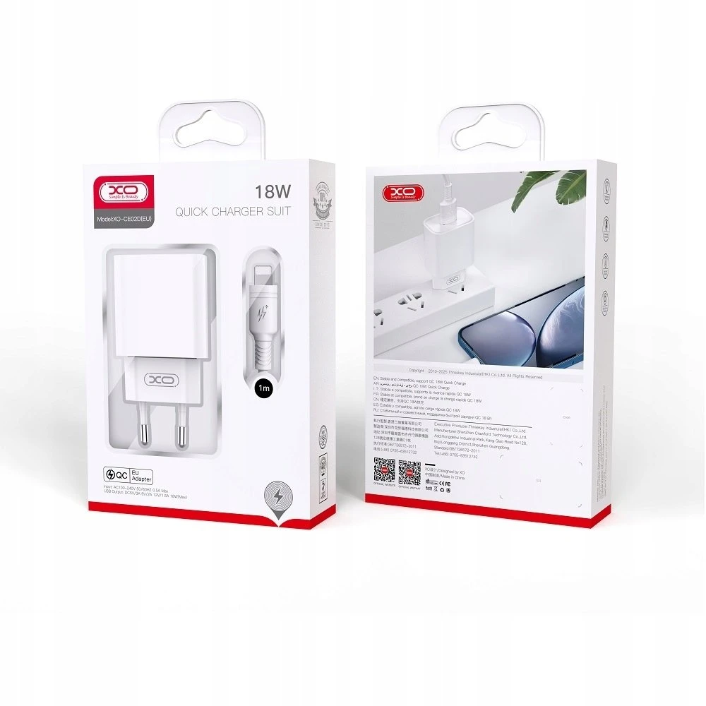 XO sieninis įkroviklis CE02D QC 3.0 18W 1x USB baltas + USB-C laidas