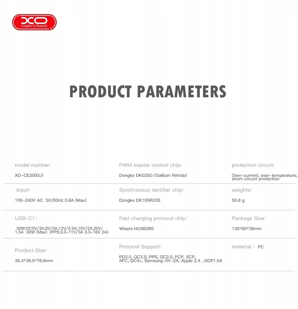 XO sieninis įkroviklis CE20 PD 30W 1x USB-C baltas + laidas USB-C – USB-C