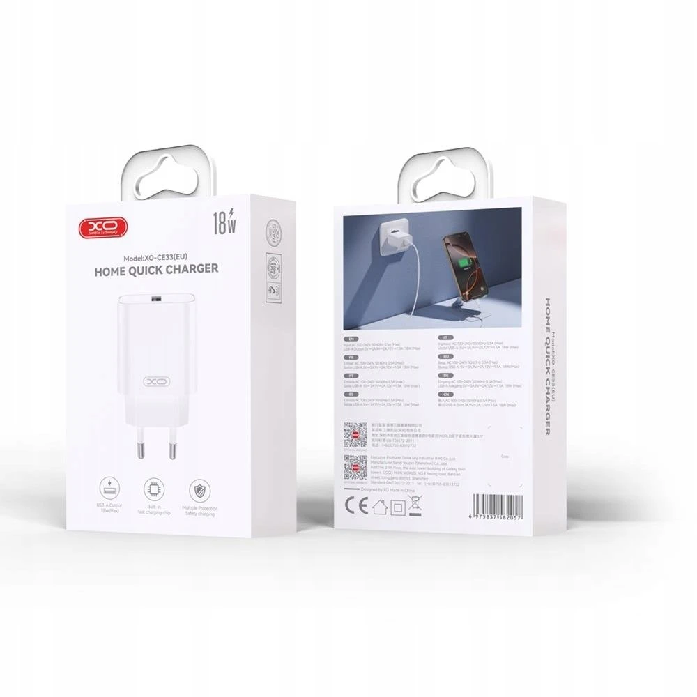 Įkroviklis XO kroviklis jungiama į tinklą CE33 QC 18W 1x USB balta + kabelis Lightning