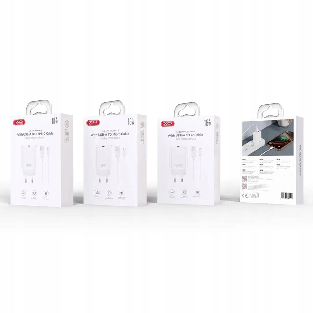 Įkroviklis XO kroviklis jungiama į tinklą CE33 QC 18W 1x USB balta + kabelis Lightning