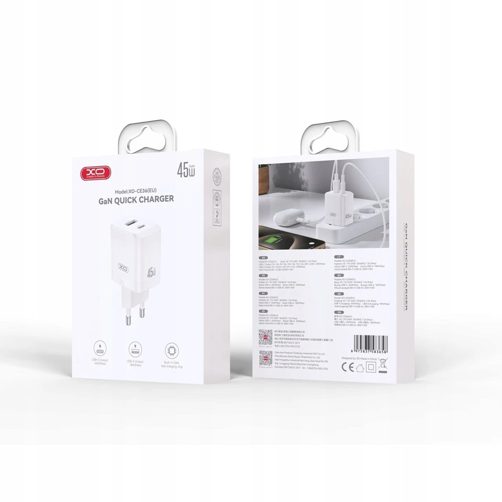 XO sieninis įkroviklis CE36 PD 45W 1x USB-C 1x USB baltas