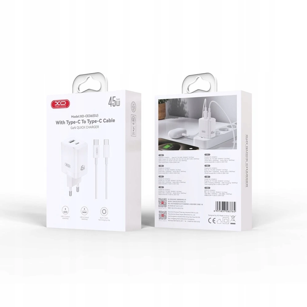 XO sieninis įkroviklis CE36 PD 45W 1x USB-C 1x USB baltas + laidas USB-C – USB-C
