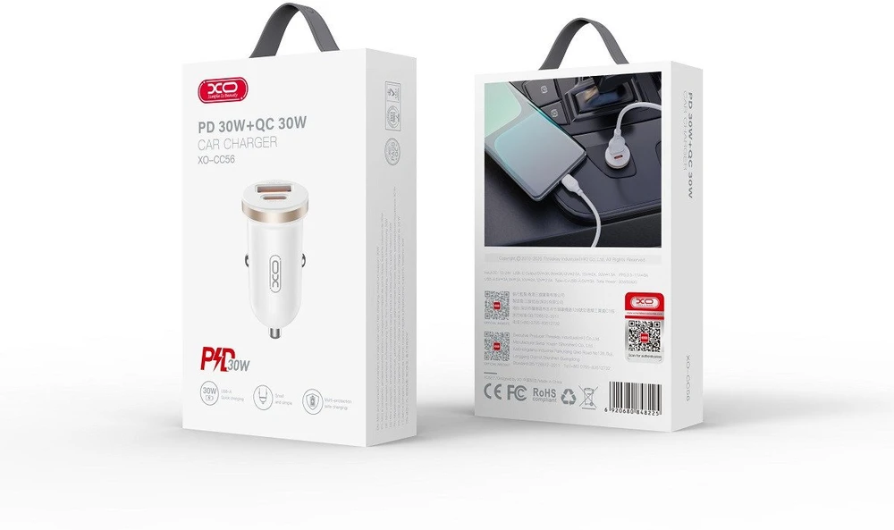 XO automobilinis įkroviklis CC56 PD 30W QC 1x USB 1x USB-C baltas