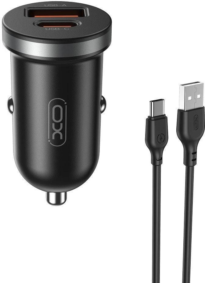 XO automobilinis įkroviklis CC56 PD 30W QC 1x USB 1x USB-C juodas + USB – USB-C laidas
