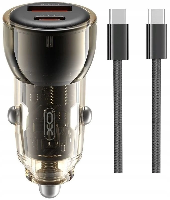 XO car charger CC60 60W 1x USB 1x USB-C juodos spalvos + USB-C - USB-C kabelis