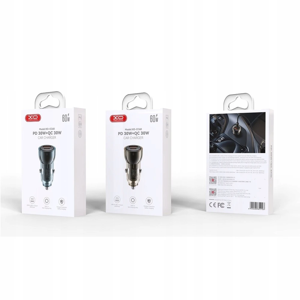 XO automobilinis įkroviklis CC60 60W 1x USB 1x USB-C juodas