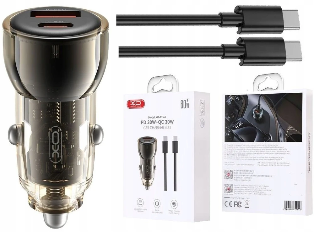 XO car charger CC60 60W 1x USB 1x USB-C juodos spalvos + USB-C - USB-C kabelis
