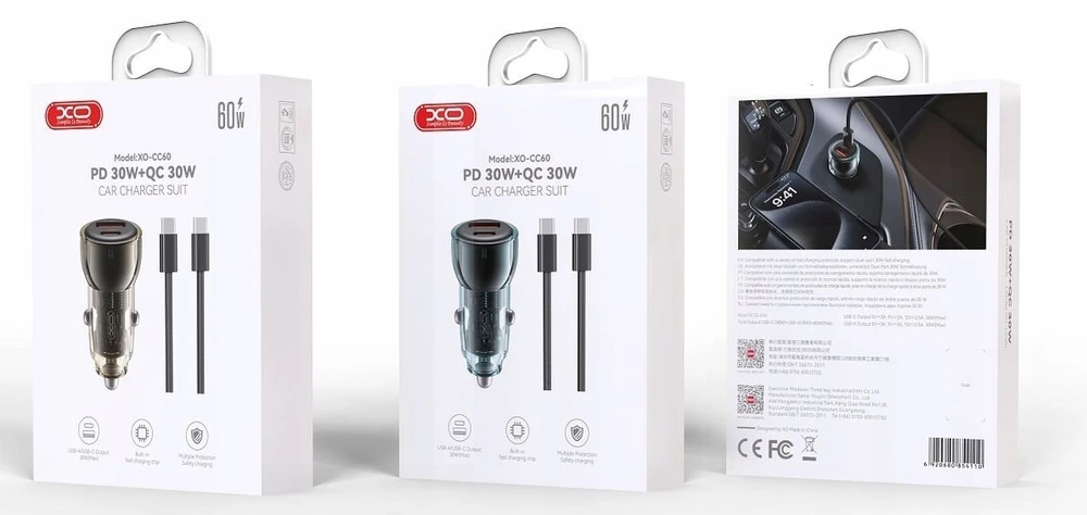 XO car charger CC60 60W 1x USB 1x USB-C juodos spalvos + USB-C - USB-C kabelis
