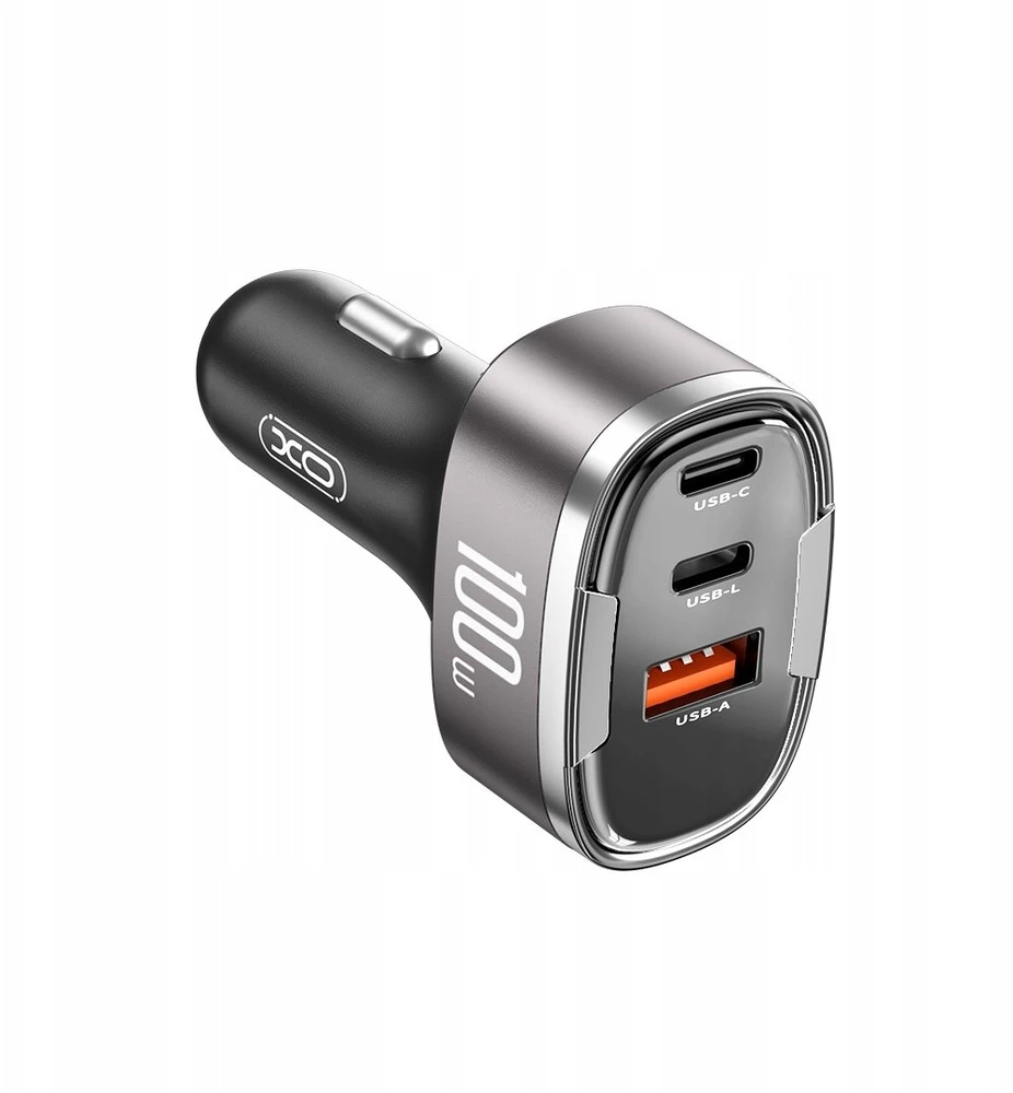 XO automobilinis įkroviklis CC61 PD QC 3.0 100W 1x USB 1x USB-C 1x Lightning pilkas