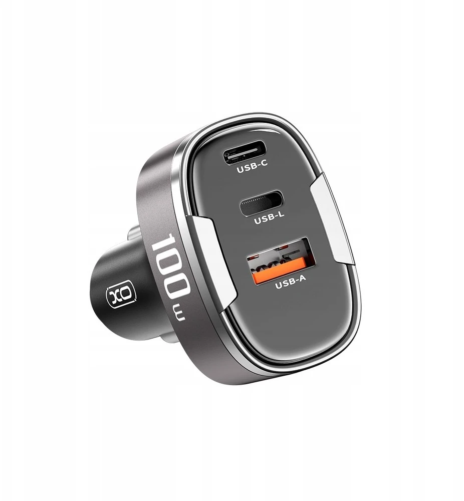 XO automobilinis įkroviklis CC61 PD QC 3.0 100W 1x USB 1x USB-C 1x Lightning pilkas