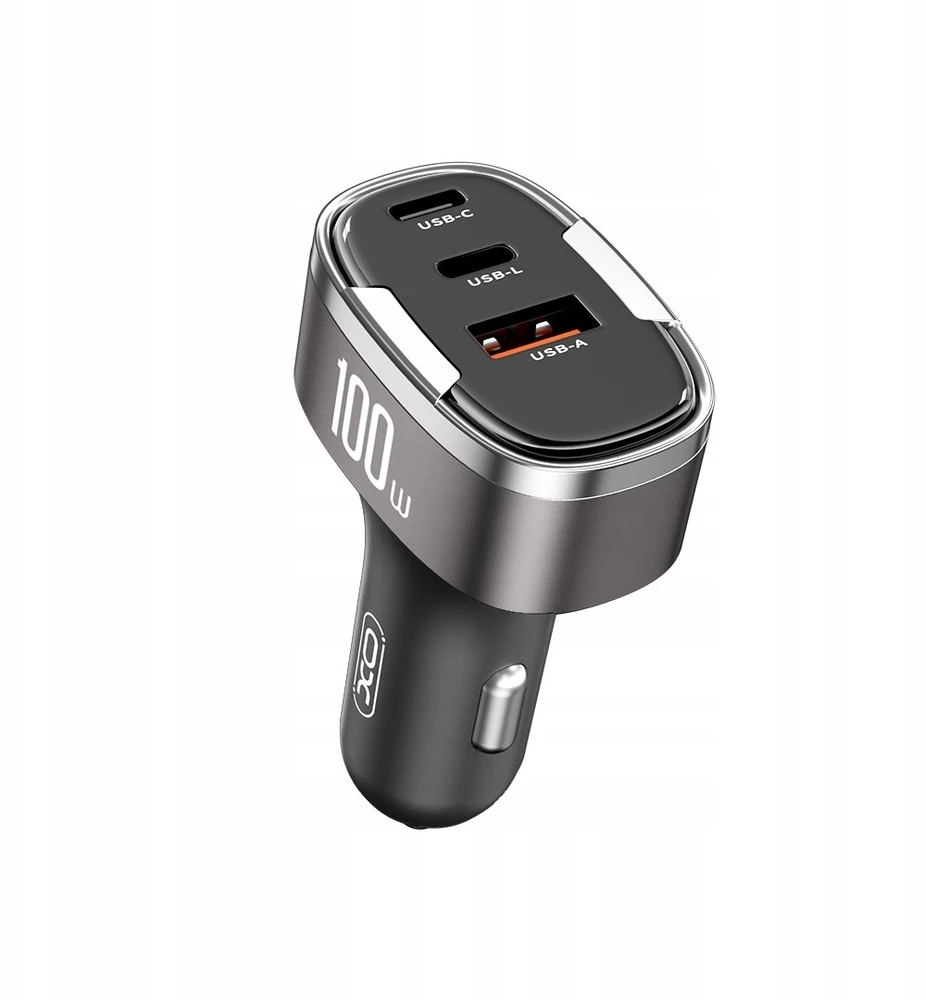 XO automobilinis įkroviklis CC61 PD QC 3.0 100W 1x USB 1x USB-C 1x Lightning pilkas