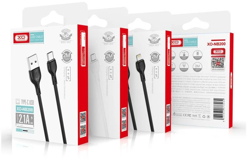 XO kabelis NB200 USB - USB-C 2,0m 2.1A baltos spalvos