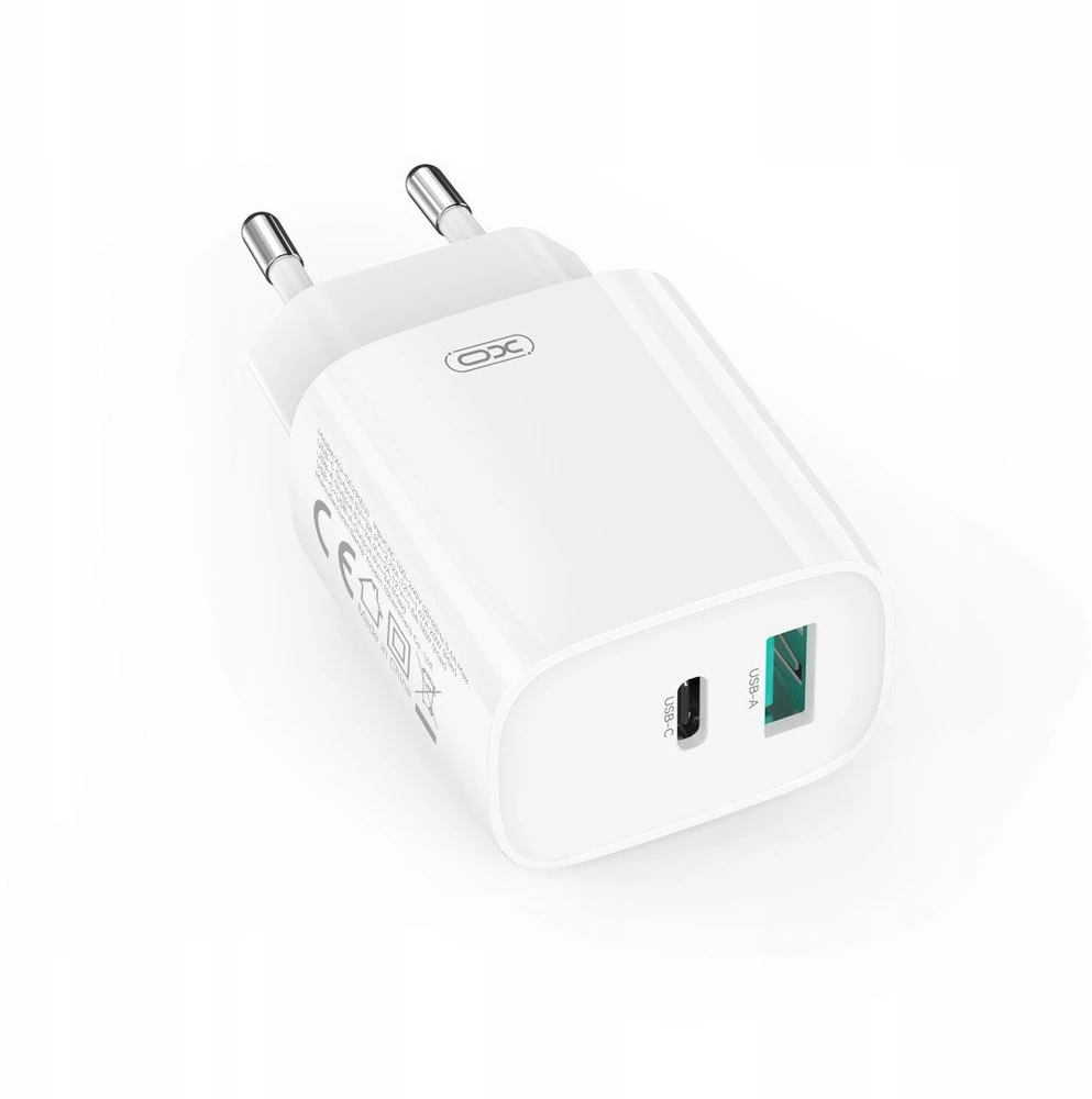 XO sieninis įkroviklis CE29 PD 20W 1x USB-C 1x USB baltas + laidas USB-C - USB-C
