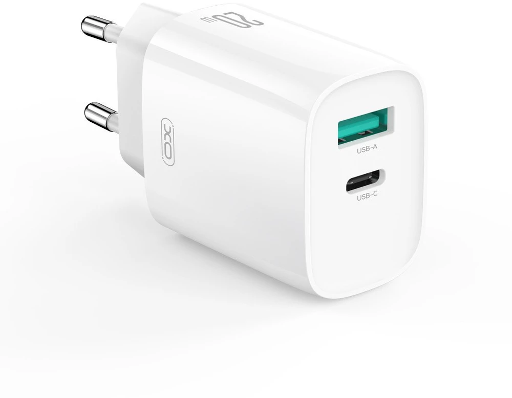 XO sieninis įkroviklis CE29 PD 20W 1x USB-C 1x USB baltas + laidas USB-C - USB-C