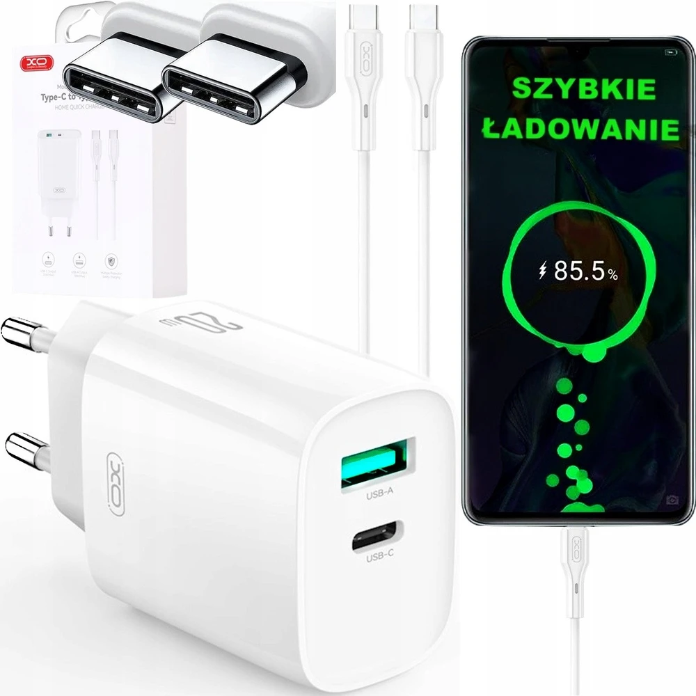 XO sieninis įkroviklis CE29 PD 20W 1x USB-C 1x USB baltas + laidas USB-C - USB-C