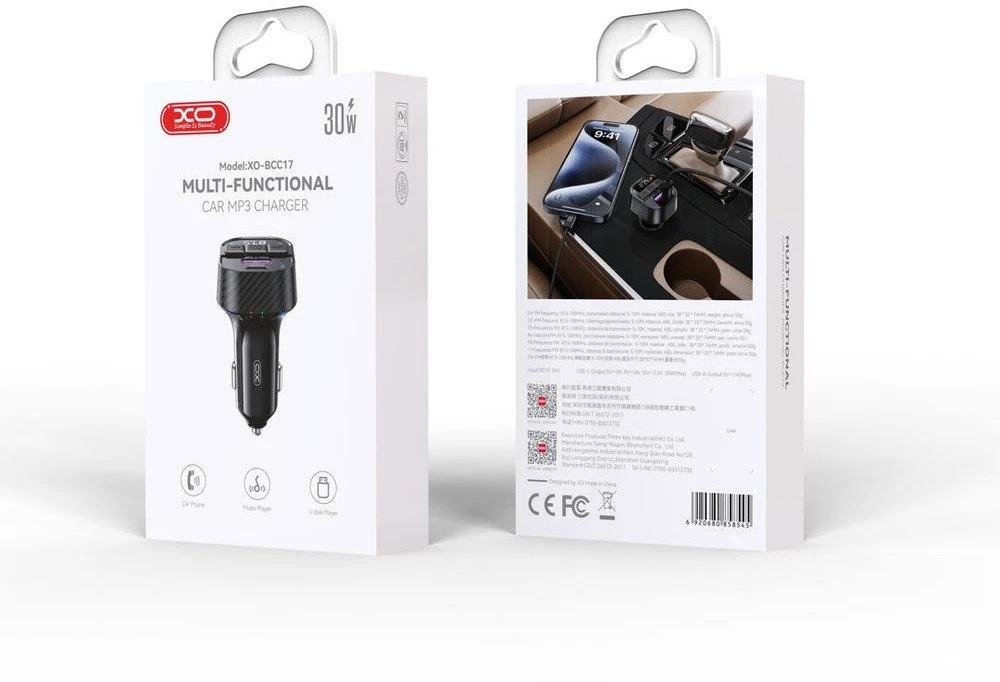 XO FM siųstuvas BCC17 Bluetooth MP3 automobilinis įkroviklis 30W juodas
