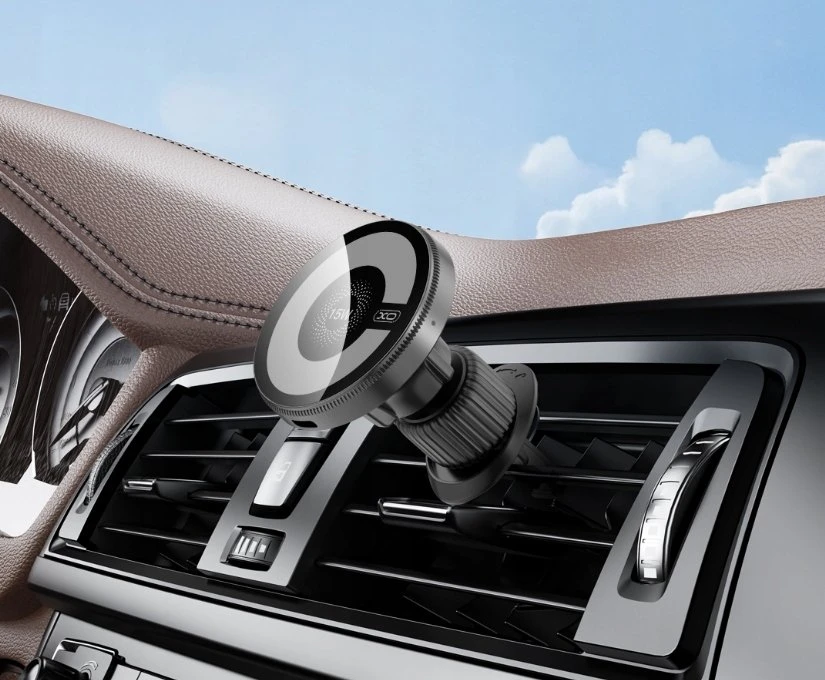 XO automobilinis magnetinis laikiklis CX025 su 15W belaidžiu indukciniu įkrovikliu, juodas, tvirtinamas į ventiliacijos groteles, skirtas MagSafe