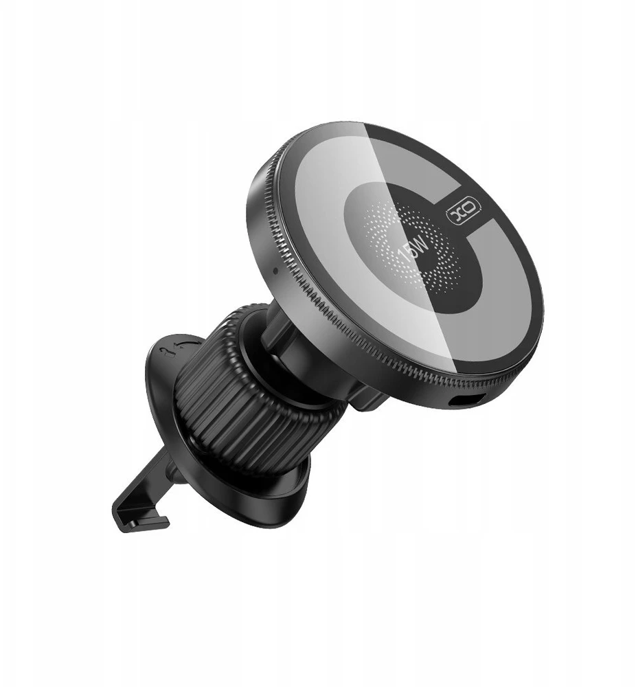 XO automobilinis magnetinis laikiklis CX025 su 15W belaidžiu indukciniu įkrovikliu, juodas, tvirtinamas į ventiliacijos groteles, skirtas MagSafe