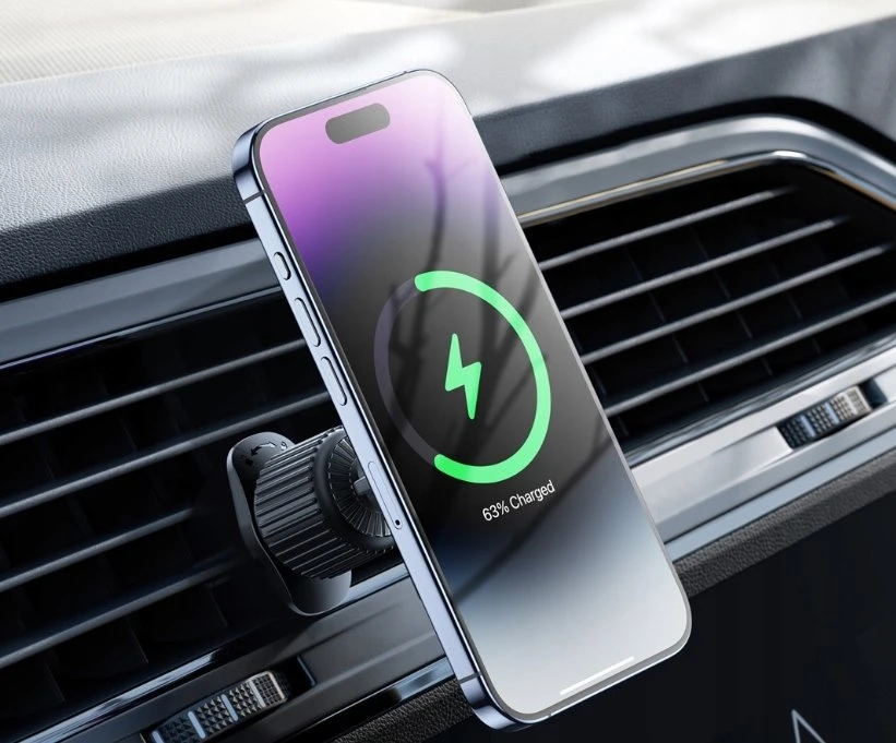 XO automobilinis magnetinis laikiklis CX025 su 15W belaidžiu indukciniu įkrovikliu, juodas, tvirtinamas į ventiliacijos groteles, skirtas MagSafe