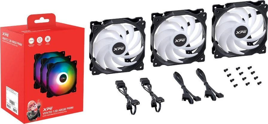 XPG (ADATA) XPG Vento 120 ARGB PWM ventiliatorius, juodas, 3 vnt. pakuotėje (VENTO120ARGBPWM3C-BKCWW)
