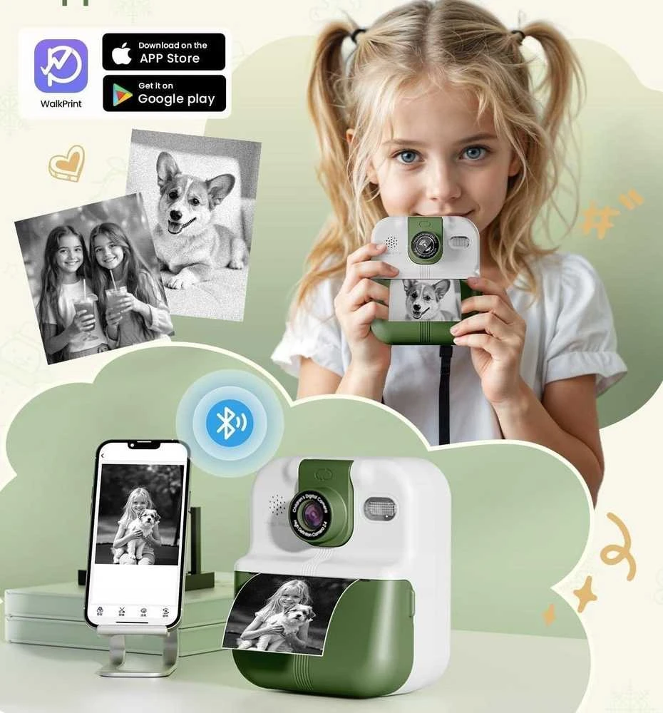 Xrec Instant Camera For Kids Skaitmeninis Mp3 Žaidimai Druk Telefonas Lens 180s / P02 Žalias