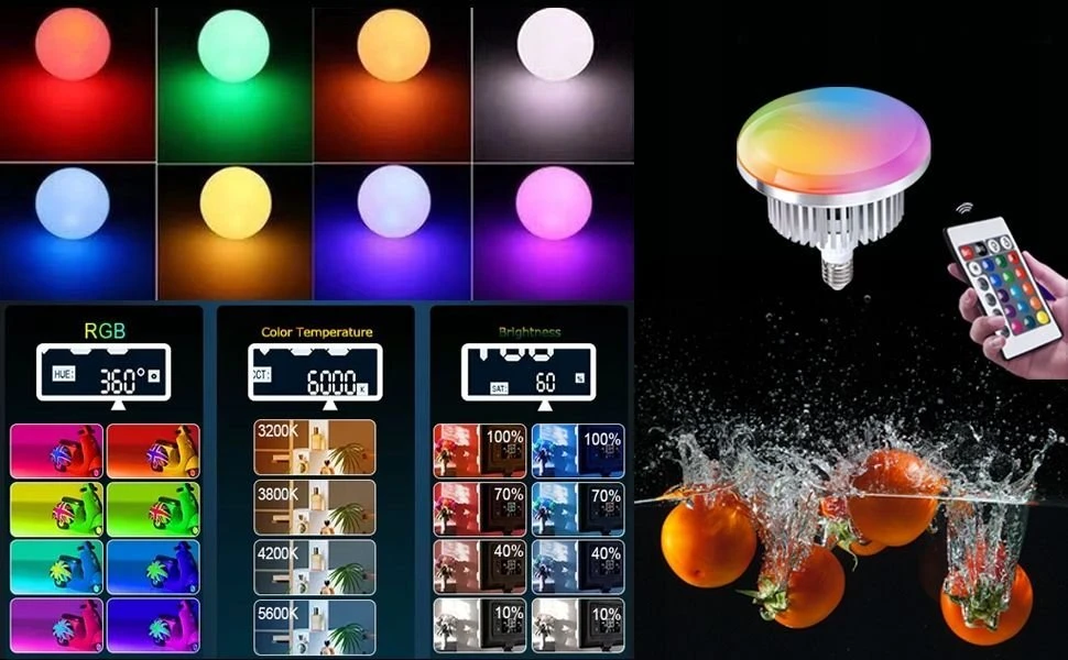 Xrec lempos lemputė LED apšvietimas RGB RA>90 150W 1200W, skirtas E27 sriegiui + NUOTOLINIO VALDYMAS