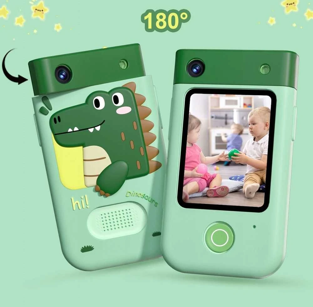 Vaikiškas skaitmeninis fotoaparatas „Xrec BLS-I9“, 48 MP, 1080p, su žaidimais, žibintuvėliu, MP3 grotuvu ir žadintuvu | žalios spalvos