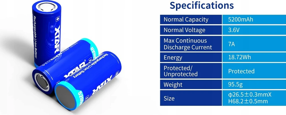 Xtar 5200mAh 3,6V 26650 akumuliatorius su PCB