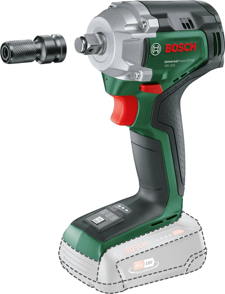Bosch smūginis veržliasukis UniversalImpactDrive 18V-350 be akumuliatoriaus ir kroviklio + 3 sukimo galvutės