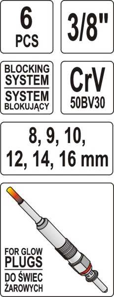 Yato Kaitinimo žvakių galvučių rinkinys, 6 vnt, 8-16 mm, CrV plienas, skirtas kaitinimo žvakėms
