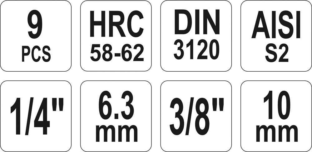 Yato Rinkinys reljefinio įspaudimo antgaliai spuogams šešiakampiai 1/4'' 3/8'' H2-H12 9 vnt. (YT-04401)