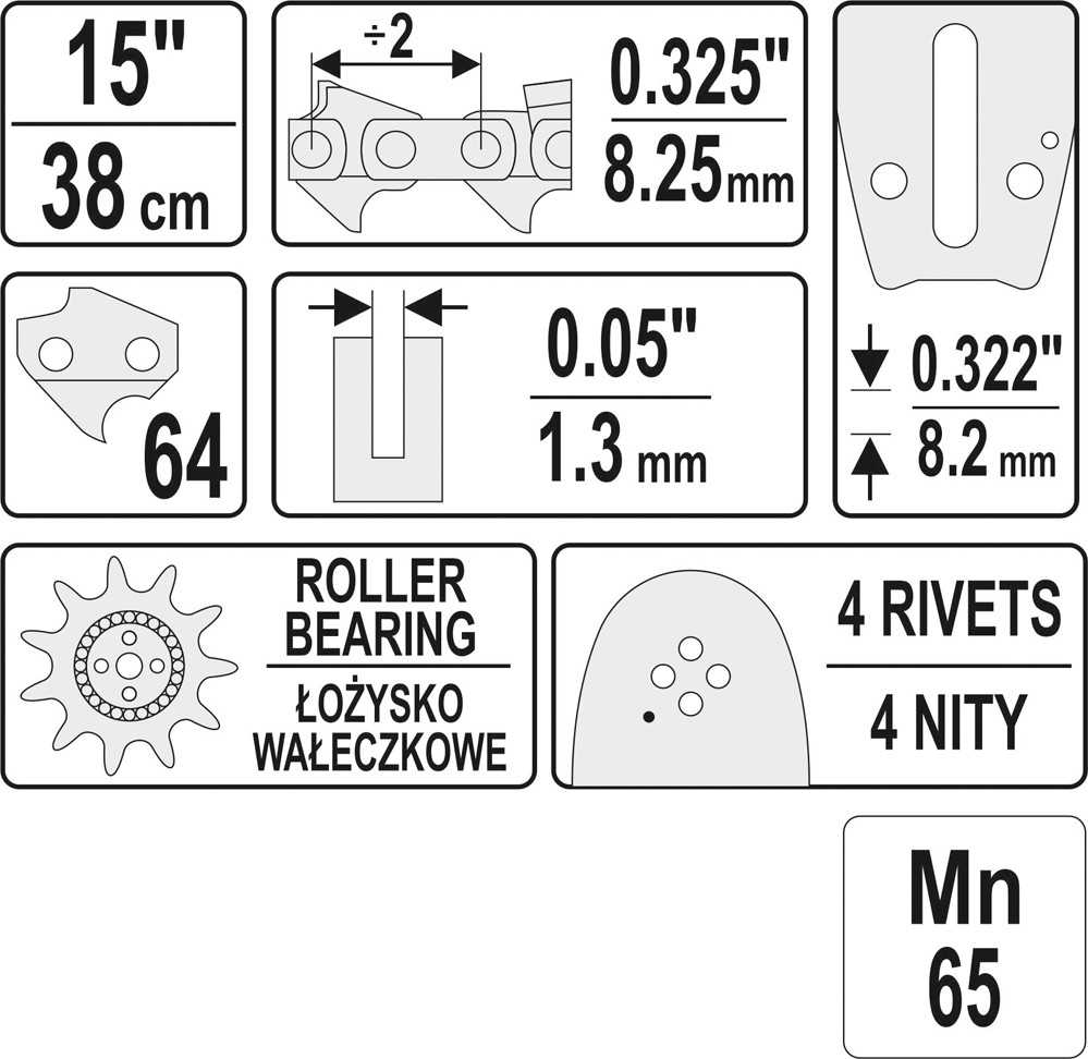 Yato grandinės kreiptuvas 38 cm 15 col. žingsnis 0,325 col. U formos, skirtas YT-84905, YT-84945, YT-84962 (YT-84933)