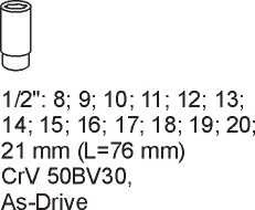 YATO STALČIAUS ĮDĖLIS ILGI PRIEDAI 1/2 "14 vnt 8-21mm 5539