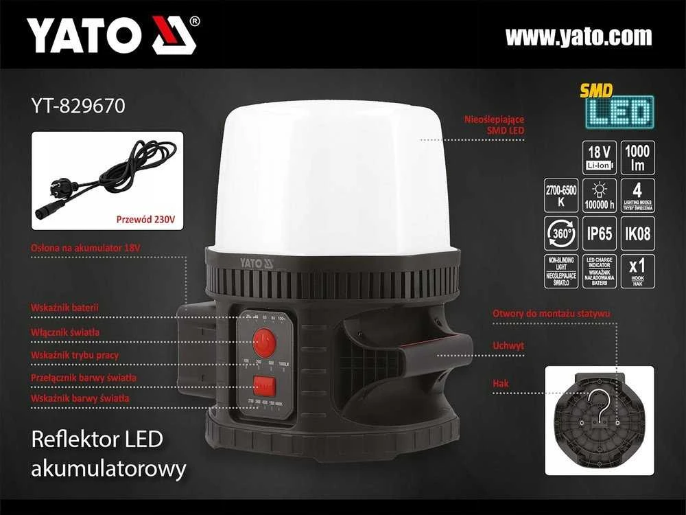 Šviestuvas Yato YT-829670; 18 V (be akumuliatoriaus ir pakrovėjo)