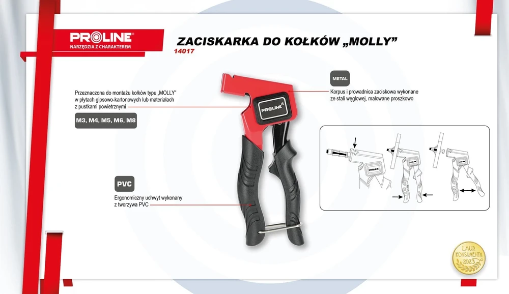 Zaciskarka „Molly Pin“ užspaudimo įrankis, 175 mm / 7 colio, PVC rankena, prolinas