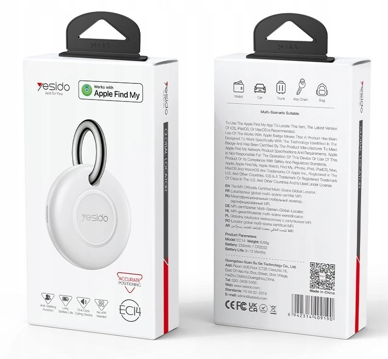 Yesido Yesido Lokalizator EC14 MFI Air Tag 240 mAh, Baltas / Baltas