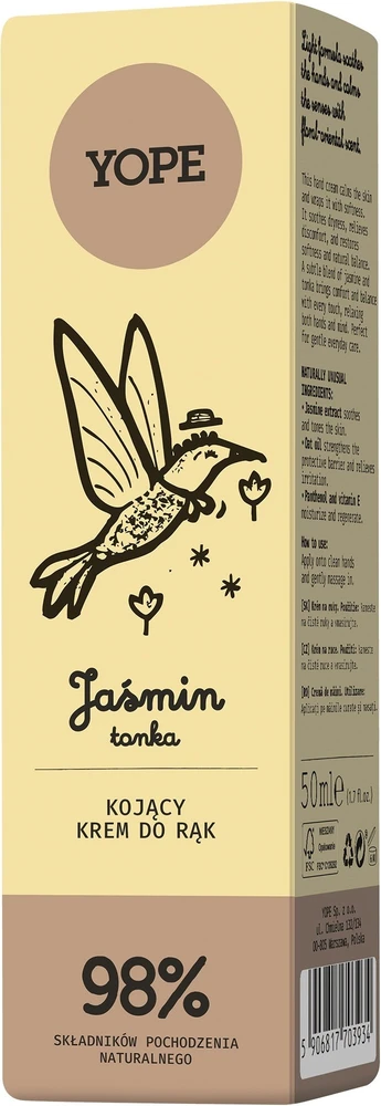 Yope Natūralus raminamasis rankų kremas su jazminais ir tonka ežiuole, 50 ml