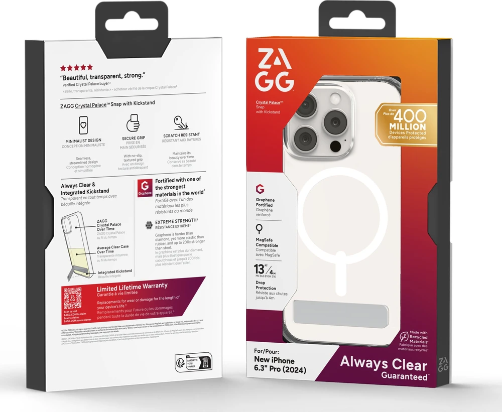 ZAGG Crystal Palace Snap Kickstand MagSafe dėklas su stovu iPhone 16 Pro – skaidrus