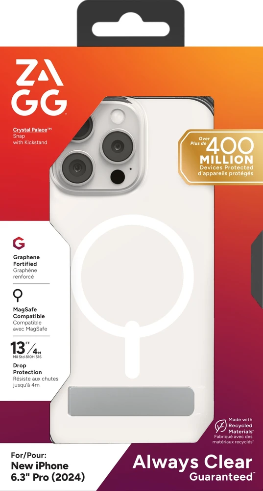 ZAGG Crystal Palace Snap Kickstand MagSafe dėklas su stovu iPhone 16 Pro – skaidrus