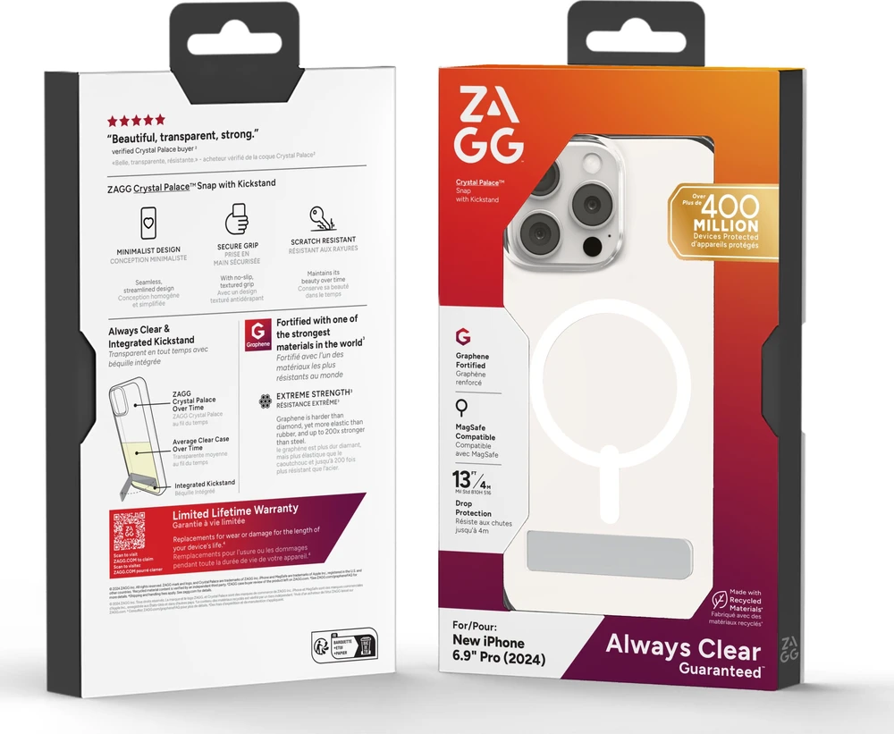 ZAGG Crystal Palace Snap Kickstand MagSafe dėklas su stovu, skirtas iPhone 16 Pro Max – skaidrus