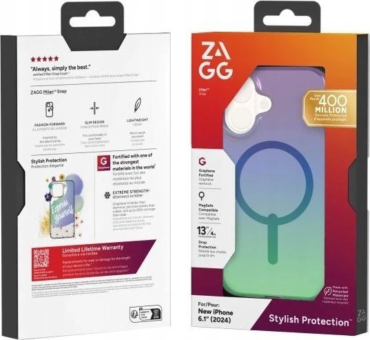 ZAGG Milan Snap Dėklas su MagSafe, skirtas iPhone 16 – žalia/violetinė