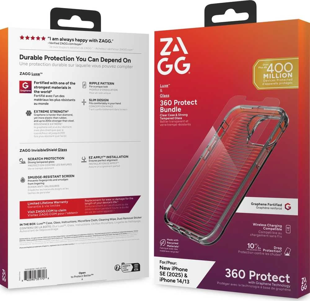 ZAGG dėklas + grūdintas stiklas LUXE BUNDLE, skirtas IPHONE 13 / 14 / 15 / 16e, skaidrus
